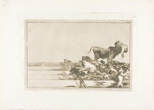 Straszne wydarzenia w pierwszych rzędach ringu w Madrycie i śmierć burmistrza Torrejón, tablica 21 ze Sztuki walki byków autorstwa Francisco Jose de Goya y Lucientes