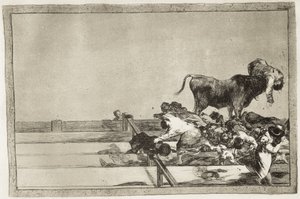 GOYA I LUCIENTES, Francisco de (1746-1828). Straszne wydarzenia w pierwszych rzędach ringu w Madrycie i śmierć burmistrza Torrejon w 1801. 1816. Tablica 21 „Sztuka walki byków”. Akwaforta. HISZPANIA. MADRYT (WSPÓLNOTA AUTONOMICZNA). Madryt. Krajowy autorstwa Francisco Jose de Goya y Lucientes