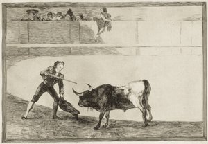 GOYA I LUCIENTES, Francisco de (1746-1828). Pedro Romero zabija zatrzymanego byka. 1816. (25,1 x 35,9 cm). ROMERO, Pedro (1754-1839). Hiszpański torreador. Tablica 30 „Sztuka walk byków”. Akwaforta. HISZPANIA. MADRYT (WSPÓLNOTA AUTONOMICZNA). Madryt. Krajo autorstwa Francisco Jose de Goya y Lucientes