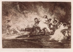 GOYA I LUCIENTES, Francisco de (1746-1828). Uciekają przez płomienie. 1810-1812. (16,1 x 23,3 cm). Tablica 47 „Katastrof wojennych”. Akwaforta. HISZPANIA. MADRYT (WSPÓLNOTA AUTONOMICZNA). Madryt. Biblioteka Narodowa autorstwa Francisco Jose de Goya y Lucientes