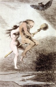 Czarownice „Linda maestria” na miotle, ok. 1802 (grawerowanie) autorstwa Francisco Jose de Goya y Lucientes