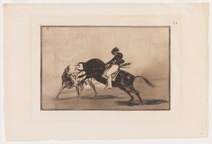 Płyta 24 z La Tauromaquia: To samo Ceballo zamontowane na kolejnej przerwie byka Krótkie włócznie na ringu w Madrycie autorstwa Francisco Jose de Goya y Lucientes