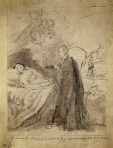 Św. Francois (Francis) Borgia (1510-1578) przy łóżku umierającego zatwardziałego. Rysunek 1788, autorstwa Francisco de Goya y Lucientes (1746-1828). Szkic do obrazu o tym samym tytule na zlecenie rodziny Ausuna. Muzeum Prado w Madrycie.