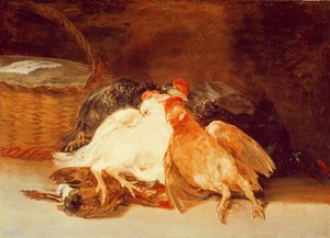 Martwa natura z martwymi kurczakami i wiklinowym koszem (olej na płótnie) autorstwa Francisco de Goya