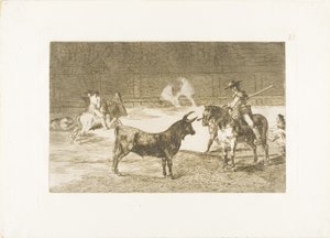 Słynny Picador, Fernando del Toro, Swoją pikką ciągnie zaciekłą bestię, płyta 27 z Sztuki walki byków autorstwa Francisco Jose de Goya y Lucientes