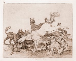 Katastrofy wojny : Dobrze się broni (akwaforta z rysunku przygotowawczego) autorstwa Francisco de Goya