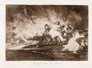 Katastrofy wojny : Uciekają przez płomienie (akwaforta z rysunku) autorstwa Francisco de Goya