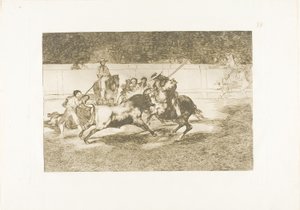 Silny Rendón dźga byka piką, od której zginął na ringu w Madrycie, płyta 28 z Sztuki walki byków autorstwa Francisco Jose de Goya y Lucientes