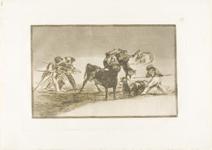 Maurowie używają osłów jako bariery do obrony przed bykiem, którego rogi zostały zakończone kulami, płyta 17 z Sztuki walki byków autorstwa Francisco Jose de Goya y Lucientes