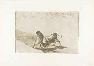 Bardzo zręczny uczeń Falces, owinięty w pelerynę, oszukuje byka grą swojego ciała, płyta 14 ze Sztuki walki byków autorstwa Francisco Jose de Goya y Lucientes