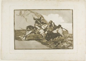 Sposób, w jaki starożytni Hiszpanie polowali na byki na koniach w otwartym kraju, płyta pierwsza z Sztuki walki byków autorstwa Francisco Jose de Goya y Lucientes
