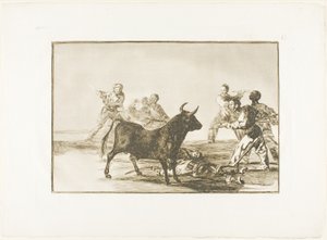 motłoch ścinający byka włóczniami, sierpami, banderillami i innymi ramionami, płyta dwunasta z Sztuki walki byków autorstwa Francisco Jose de Goya y Lucientes