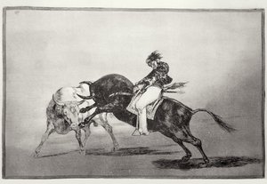 Ten sam Mariano Ceballos, dosiadający byka, łamie krótkie włócznie na ringu w Madrycie, płyta 24 „Sztuka walki byków”, wyd. 1816 (akwaforta) autorstwa Francisco Jose de Goya y Lucientes