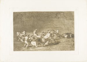 Dwie drużyny pikadorów rzucone jedna po drugiej przez jednego byka, tablica 32 z Sztuki walki byków autorstwa Francisco Jose de Goya y Lucientes