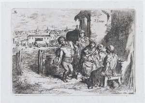 Ilustracja 16: grupa ludzi na zewnątrz, w tym mężczyzna nalewający wino lub wodę z naczynia..., 1850.