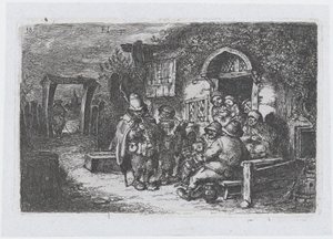 Tablica 18: uliczni muzycy i inne postacie przed karczmą, z cyklu obyczajów…, 1850.