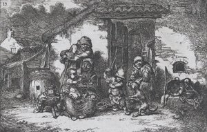 Tablica 19: rodzina i chłopiec bawiący się z psem przed domem, z cyklu Custom..., 1850.