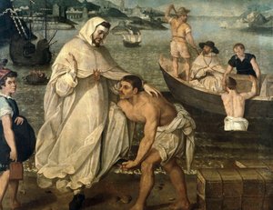 Święty Piotr Nolasque (1189-1256) wyrusza na wolność chrześcijańskich jeńców przetrzymywanych przez mauretańskich piratów i sprzedawanych jako niewolnicy w Afryce (obraz)