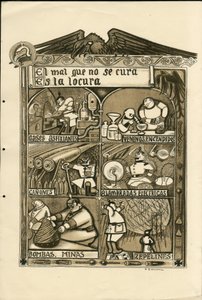 Ilustracja Francisco Sancha Lengo (1874-1936) - Latający liść, ok. 1915 - Nieuleczalne zło to szaleństwo - Wojna 14-18, Niemcy Prusy, Gaz duszący, Język hiszpański, Prasa zagraniczna autorstwa Francisco Sancha y Lengo