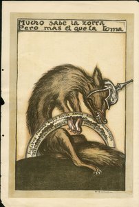 Ilustracja Francisco Sancha Lengo (1874-1936) - Latający liść, ca. 1915 - Mucho sabe la zorra pero mal el que la toma - Wojna 14-18, Niemcy Prusy, Wojownicy i symbole, Alianci, Język hiszpański, Prasa zagraniczna - Lis -, Przeszkody, Animacja autorstwa Francisco Sancha y Lengo