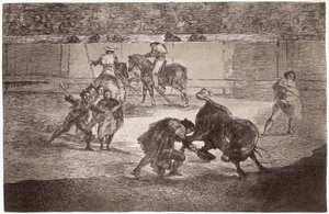 Walka byków: torreador wchodzi na arenę, aby zabić byka czapką zamiast mulety autorstwa Francisco de Goya