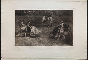 Walki byków: torreador na barkach asystenta, przebijający byka oszczepem autorstwa Francisco de Goya