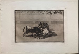 Walki byków: Picador jest bez konia i spada pod bykiem autorstwa Francisco de Goya