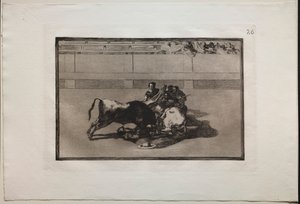 Walki byków: Picador jest pozbawiony koni i spada pod bykiem, 1876. autorstwa Francisco de Goya