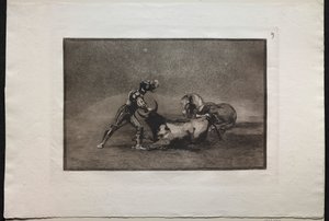 Walki byków: hiszpański rycerz zabija byka po zgubieniu konia autorstwa Francisco de Goya