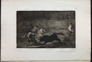 Walki byków: hiszpański rycerz konny łamiący krótkie włócznie z pomocą asystentów autorstwa Francisco de Goya