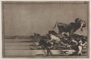 Walki byków: straszne wydarzenia w pierwszych rzędach pierścienia w Madrycie i śmierć burmistrza Torrejon autorstwa Francisco de Goya