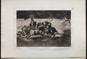 Walki byków: The Forceful Rendon dźga byka za pomocą piku, z którego przełęczy zginął ..., 1876. autorstwa Francisco de Goya