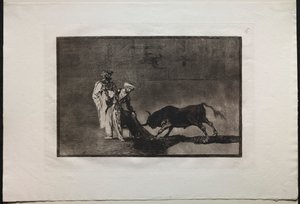 Walki byków: Maurowie odgrywają inną grę na ringu Wzywając byka z Burnous, 1876. autorstwa Francisco de Goya