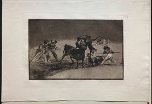 Walki byków: Maurowie wykorzystują osły jako barierę do obrony przed bykiem, którego rogi zostały zakończone kulami autorstwa Francisco de Goya