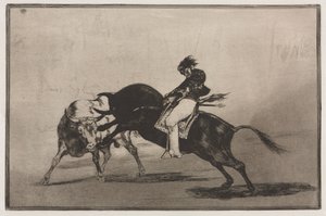 Walki byków: te same ceballos na innym byku łamią krótkie włócznie na ringu w Madrycie autorstwa Francisco de Goya