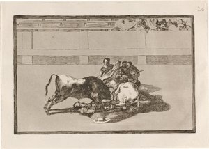 Upadek pikadora z konia pod bykiem (Picador jest bez konia i spada pod bykiem) autorstwa Francisco de Goya