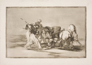 Maurowie, którzy osiedlili się w Hiszpanii i porzucili przesądy Koranu, nabyli tę sztukę polowania i nabijania byka na równinie autorstwa Francisco de Goya