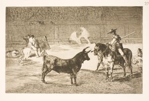 Słynny pikador, Fernando del Toro, prowokuje włócznią byka olme autorstwa Francisco de Goya
