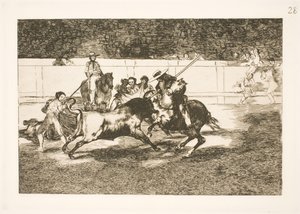 Potężny Rendon przebija byka, wypad, który spowodował jego śmierć na madryckiej arenie autorstwa Francisco de Goya