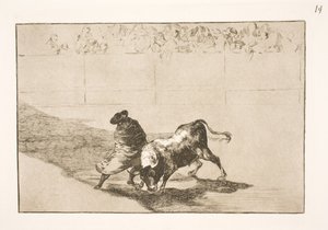 Bardzo utalentowany uczeń z Falces, udrapowany w płaszczu, oszukuje byka ruchami swojego ciała autorstwa Francisco de Goya