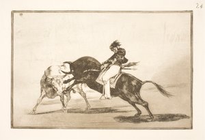 Ten sam Ceballos, siedzący na grzbiecie innego byka, łamie krótkie włócznie na madryckiej arenie autorstwa Francisco de Goya