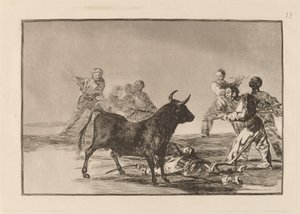 Rabble ścięgno byka z lancami, sierpami, banderillami i innymi ramionami autorstwa Francisco de Goya