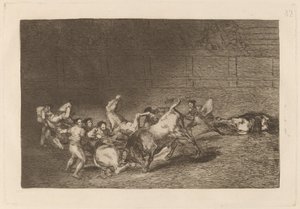 Dwie drużyny pikadorów rzucone jeden po drugim przez jednego byka autorstwa Francisco de Goya