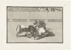 Picador został zrzucony z konia i leży pod bykiem Caida de un picador de su caballo debajo del toro La Tauromaquia (tytuł serii) Walka byków (tytuł serii) autorstwa Francisco de Goya