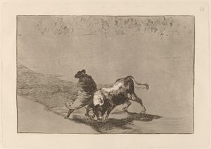 Bardzo zręczny uczeń fałszu, owinięty w pelerynę, oszukuje byka grą swojego ciała autorstwa Francisco de Goya