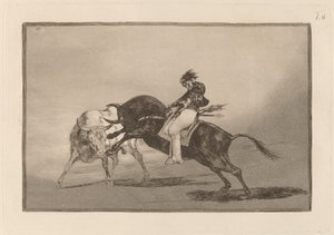 Te same ceballosy na innym byku przebijają Rejones na Plaza de Madrid (Te same ceballosy na innym byku łamią krótkie włócznie na ringu w Madrycie) autorstwa Francisco de Goya