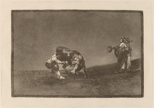 On sam przewraca byka na placu w Madrycie (Ten sam człowiek rzuca bykiem na ring w Madrycie) autorstwa Francisco de Goya