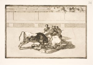 Z konia zrzucany jest pikador i rozbija się pod bykiem autorstwa Francisco de Goya