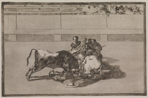 Z konia zrzucany jest pikador i rozbija się pod bykiem autorstwa Francisco de Goya