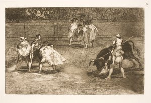 Torreador, siedzący na ramionach pomocnika, krępuje byka autorstwa Francisco de Goya